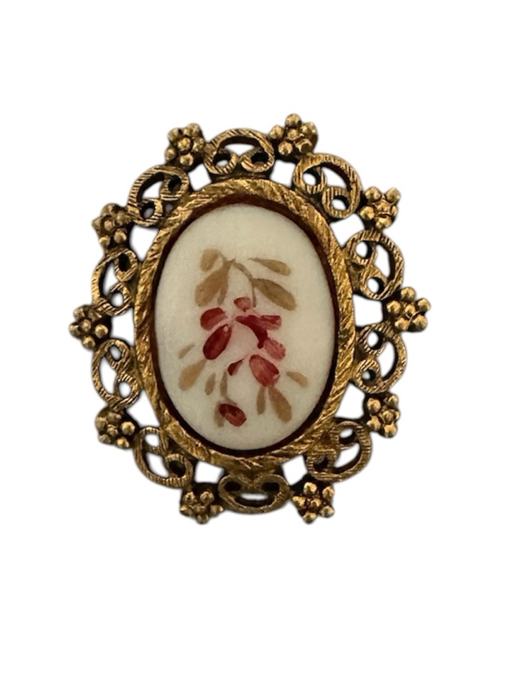 Vintage Gold Tone Floral Brooch with Painted Ivory Center